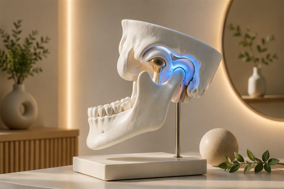 Anatomisches Schädelmodell mit hervorgehobenem, beleuchtetem Kiefergelenk