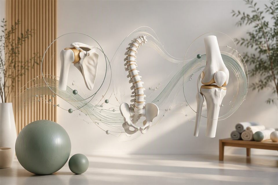 Anatomische Modelle von Wirbelsäule, Schulter und Knie mit Gymnastikbällen