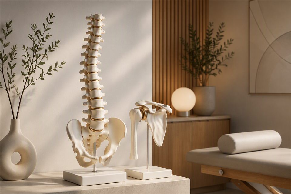 Anatomische Modelle von Wirbelsäule und Schulterblatt in ruhiger Praxisatmosphäre