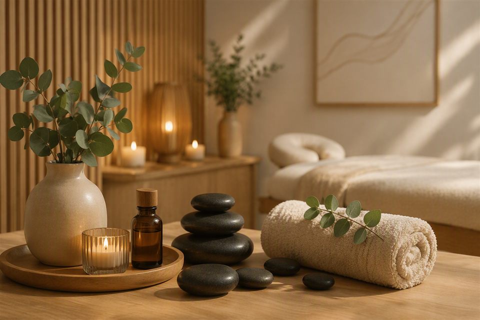 Massagesteine, Kerzen und Handtuch in entspannter Wellness-Atmosphäre